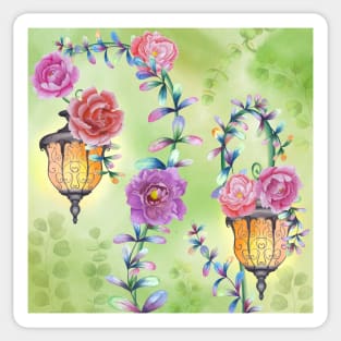 Vintage streetlights with peony flowers and colorful leaves ornament. Fairy spring garden watercolor illustration. Enchanted romantic scenery Sticker